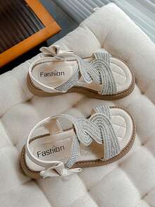 1 Pair Girls' Sandals, New Summer Fashion Cute Soft Bottom Bowknot Design Girls Shoes, Middle & Big Kids Stylish Soft Bottom High-Top Roman Sandals - Beige - View 5