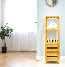 Bamboo 3-Tier Floor Organizer With Shutter Door, Freestanding Storage Tower For Bathroom, Bedroom, Kitchen, Laundry Room Natural Bamboo - Natural - View 2