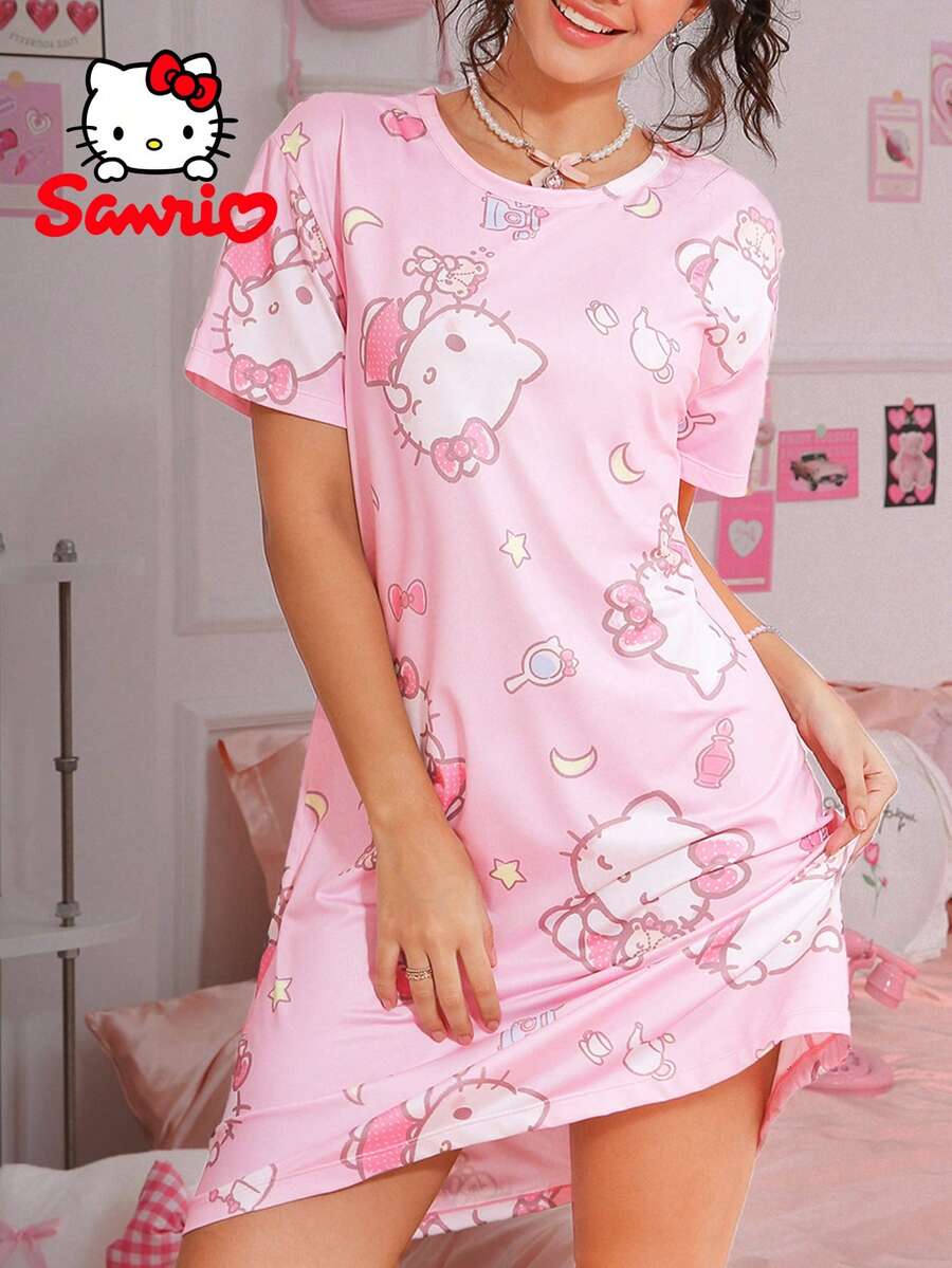 SANRIO Pajamoom 1件装 粉白圆领睡裙,家居服,休闲服,女士睡衣,Moo Moo 睡袍 - 粉色 - 查看 1