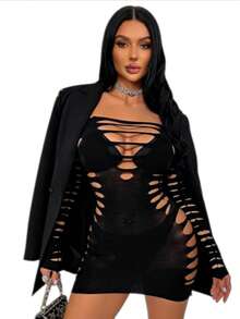 Sexy Lingerie Cross-Border New Product INS Sexy Women's One-Shoulder Hollow-Out Long-Sleeve Dress Fashion Hot Girl Tight-Fitting Bodycon Short Skirt - Black - View 2