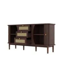 Sideboard, Rattankommode, Kommode Mit Schiebetüren, Verstellbaren Einlegeböden Und Abgerundeter Platte. - Redwood - View 3