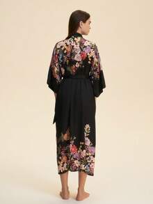 复古宽松中长款优雅印花和服罩衫浴袍，系带波西米亚风沙滩罩衫，夏季度假泳装外套 - 黑色 - 查看 5