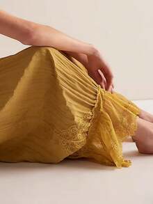 Pantalones bombachos de encaje con retazos de tiro medio para mujer, estilo Y2K, con volantes, acampanados y bonitos pantalones largos tipo calabaza. - Amarillo - Ver 3