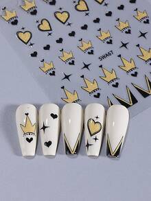 2 miếng dán móng tay 3D hình vương miện và trái tim vàng lấp lánh, kèm hình trái tim và ngôi sao vàng kim tuyến, trang trí móng tay kiểu Pháp tự dính, phù hợp cho phụ nữ, bé gái, ngày Valentine, đám cưới và nhiều dịp khác. - Nhiều màu - Xem 6