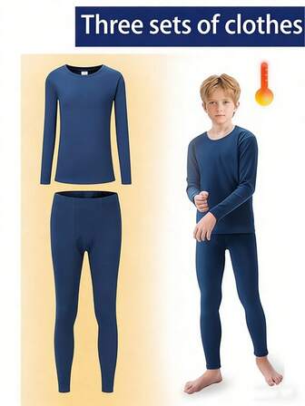 1 Set Kids Navy Blue Round Neck Thermal Underwear, New Autumn/Winter Ski Sports Style