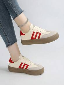 2026 New Women's Outdoor Casual Sneakers, Thick Sole Low-Top Rubber Sole Lace-Up Simple Fashion Outdoor Campus Style Daily Versatile Comfortable White Shoes - Red - View 2