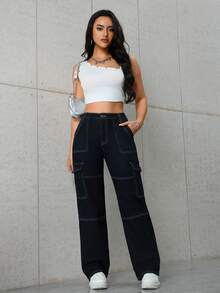 女士舒适宽松休闲个性化缝线百搭工装牛仔裤 - 黑色 - 查看 6