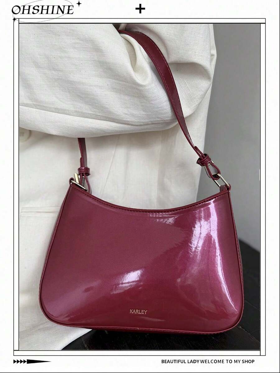 1. Fashionable Patent Leather Women's Handbag, Versatile Solid Crescent Bag, Y2K Underarm Shoulder Bag, Versatile Crossbody Bag - Red - View 1