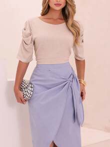 Linen Midi Skirt With Wrap Detail And Elegant Slit - 淺藍色 - 查看 4