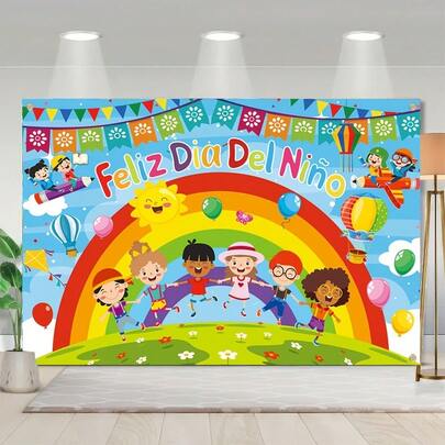 1 pieza Pancarta de Feliz Día del Niño, Telón de fondo de fotografía del Día del Niño en español, Patrón de niños montando vehículos voladores creativos, Material de poliéster, Adecuado para fiesta de cumpleaños, evento escolar, decoración del hogar (No se requiere electricidad)