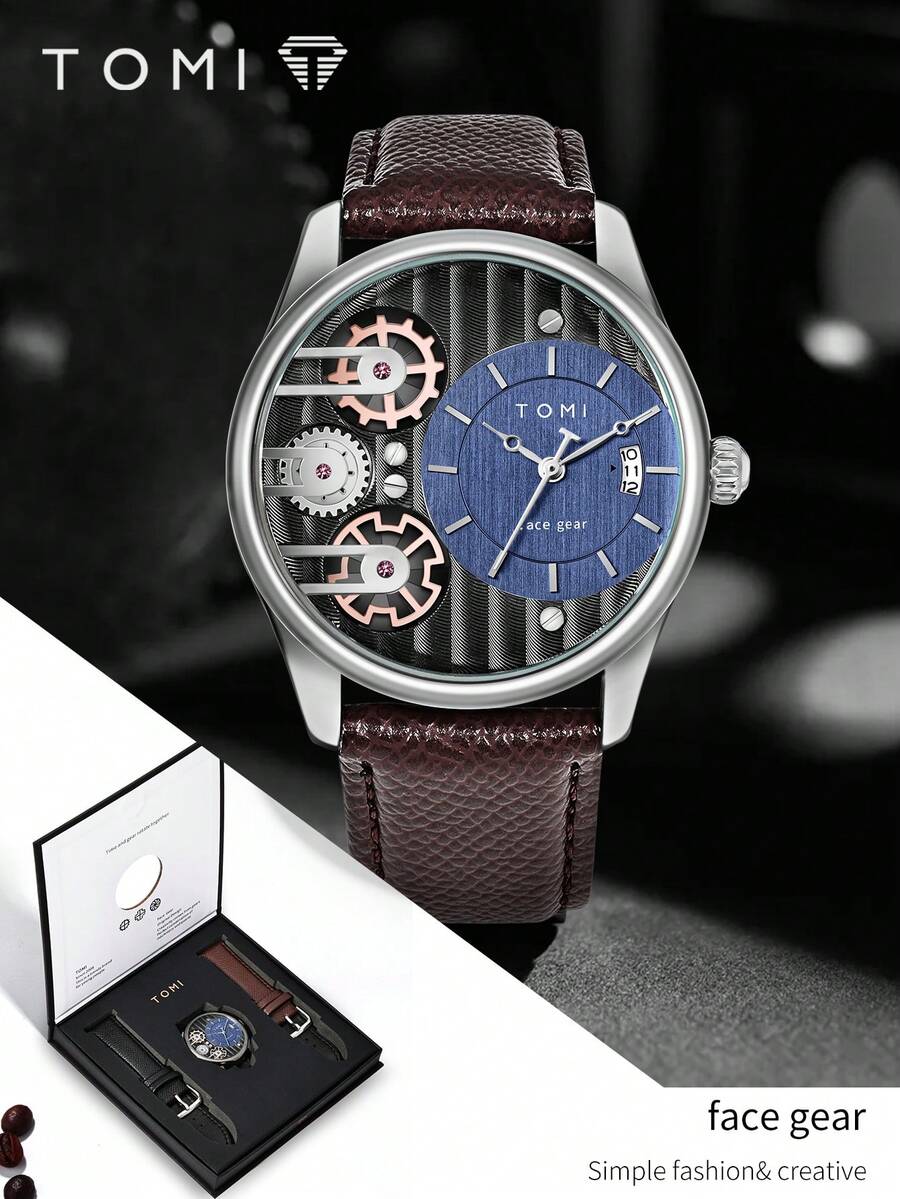 TOMI 男士干电池手表套装，高级简约旋转齿轮石英表，配有可更换表带，礼盒包装，适合日常生活、节日、圣诞节、年末等场合。