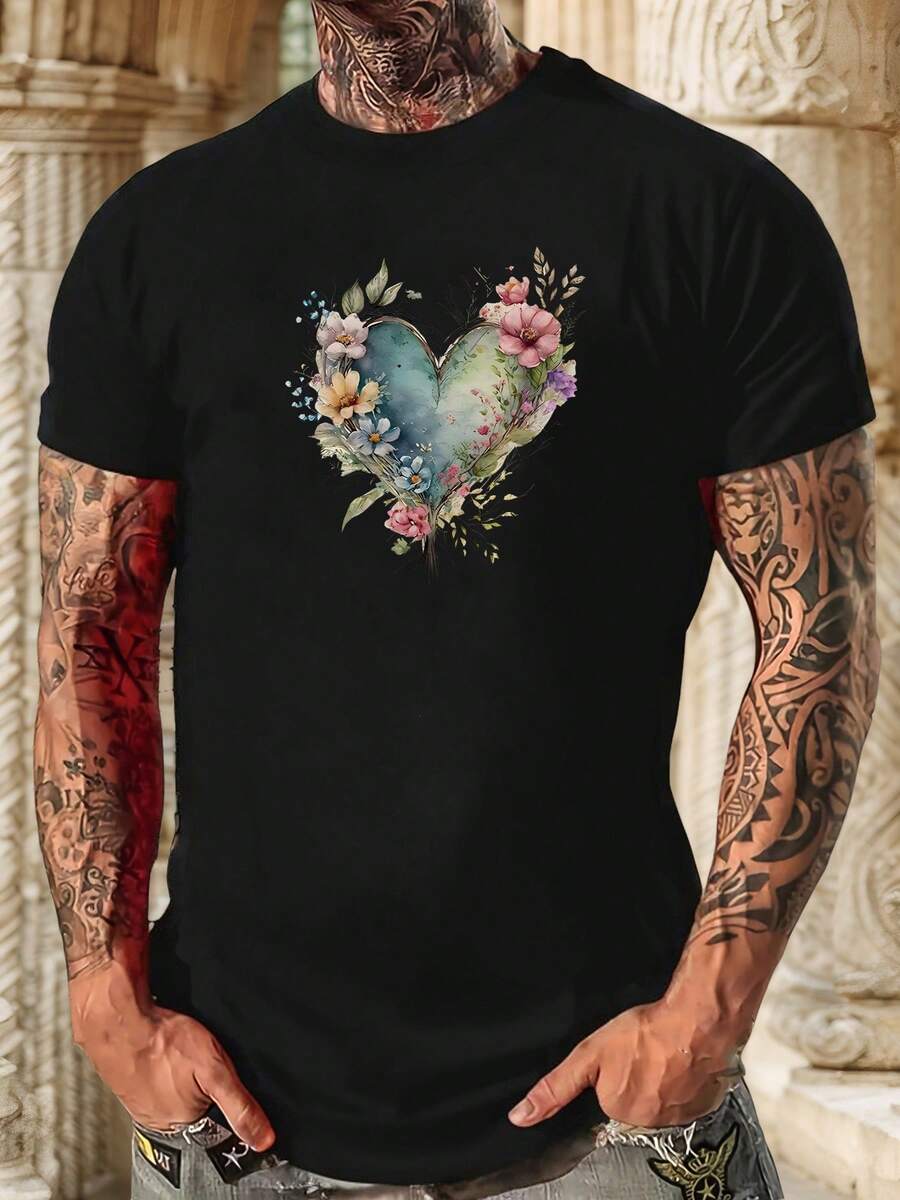 Camiseta de manga corta de verano para hombres con un patrón en forma de corazón de una marca de ropa urbana. - Negro - Ver 1