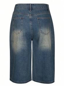 Quần short denim nữ mùa hè phong cách Y2K, quần short Bermuda ống rộng thoải mái dài đến đầu gối, kiểu dáng đường phố thập niên 90, chất liệu denim bạc màu. - Màu xanh lam - Xem 2