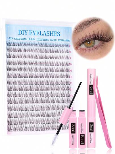 168pcs D-Curl 9-12mm Mixed Eyelash Extension Kit, Includes Lash Glue, Sealant And Tools For DIY Lash Application At Home. Suitable For Travel, Daily Wear (Beginner Friendly), Weddings, Dates, Parties, Holidays, Also Great As Christmas/Halloween Gift