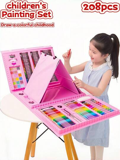 208/150/86 Pcs Children's Painting Set, Includes Watercolor Pens, Drawing Tools, Colored Pencils, Crayons, Oil Pastels, Color Paint Blocks, Art Box, Colored Pens, Full Set Of Paintbrushes, Gift Box, Ideal For Colorful Children's Paintings, Great Christmas And Birthday Gift