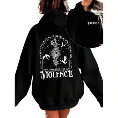 Lady's Dark Fantasy Dragon And Sword Pattern Hooded Sweatshirt - Gothic Back Print With The Word "Violence" And Knight Design, All-Season Casual Pullover, Machine Washable Black Hooded Sweatshirt, Street Fashion, Avant-Garde Style, Comfortable Pullover, Alternative Fashion Enthusiast, Street Style Fan