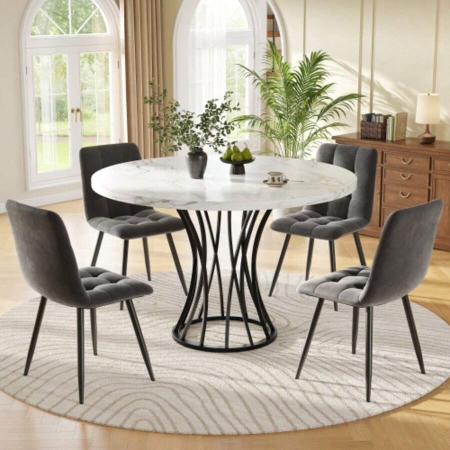 Esstisch-Set (5 Teile), Esstisch-Set com 4 Stuhlen, Modern Küchentisch-Set, Runder Küchentisch 80 cm Durchmesser, Schwarze Beine, White Marmorierte Tischplatte, Gray Samt-Esszimmerstühle - Multicolorido - Ver 1