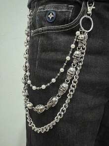 1 Piece Punk Hip-Hop Style Multi-Layer Clothing Chain Skull Iron Chain Artificial Pearl Decoration Unique Men's Pants Chain Unisex Daily And Festival Wear Suitable For Various Festival Occasions Accessories Gift - 銀牌 2 - 查看 12
