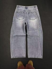 男士浅蓝色水洗舒适宽松裤，Y2K 宽松牛仔裤，褪色靛蓝水洗超宽松裤腿牛仔裤，柔软棉质面料，褪色浅蓝色，超大版型，百搭 3. 褪色浅蓝色做旧宽松牛仔裤 - 藍色 - 查看 2