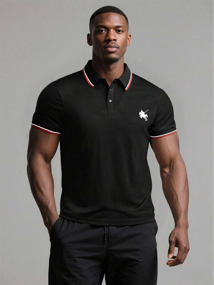 Summer Colorblock Breathable Fashionable Printed Casual Business Sports Versatile Polo Shirt Black - Black - View 1