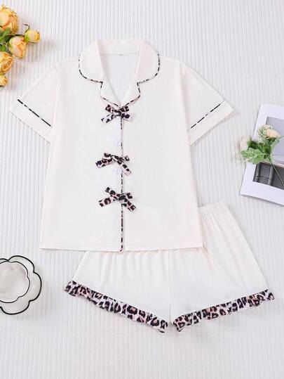 HOREA 两件套纯色及豹纹莲花边饰女士睡衣套装，短袖翻领上衣搭配宽松弹力短裤，休闲睡衣家居服，四季皆宜