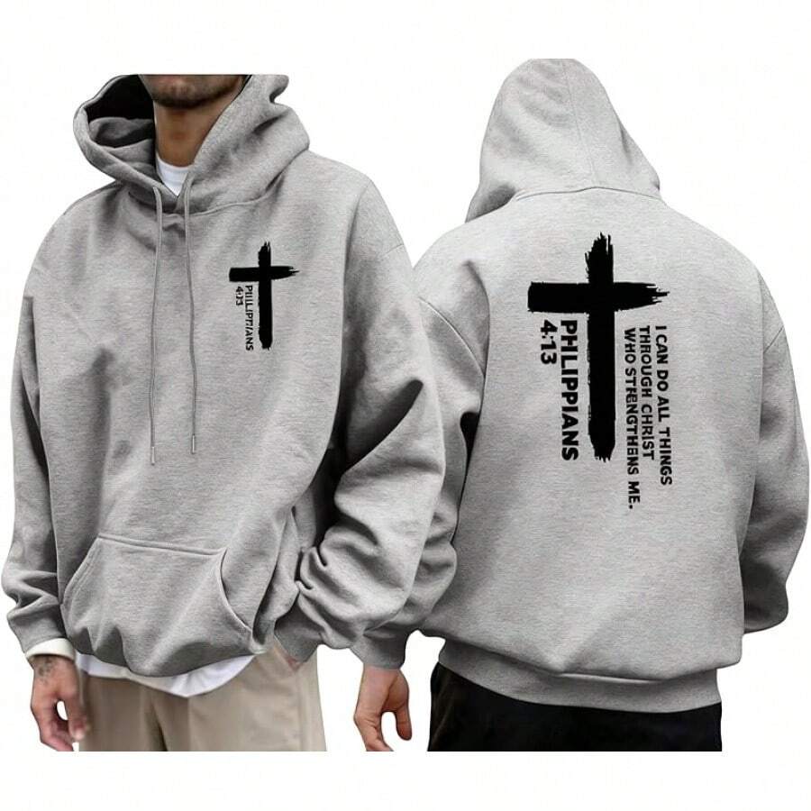 Christian Hoodies For Men Religious Faith Jesus Hoodie God Bible Verse Cross Sweatshirts  Graphic Pullover - 灰色 - 查看 1