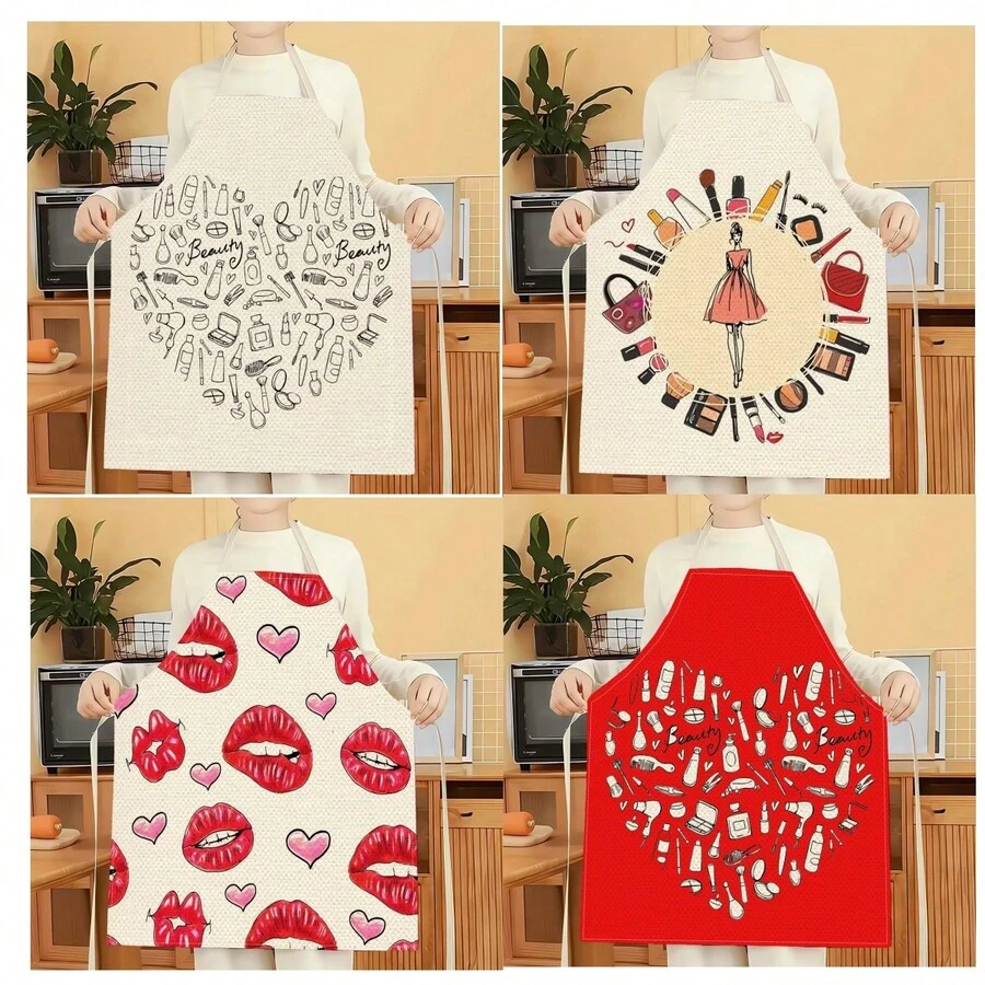 1件装美容工具图案围裙，创意趣味时尚印花围裙，家居清洁围裙，易清洗厨房烹饪围裙，创意家居围裙 - 彩色 - 查看 1