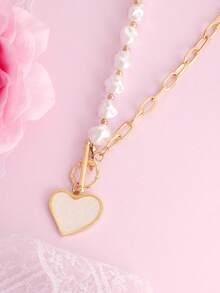 1pc Asymmetric Faux Pearl Heart Necklace, Luxury Minimalist Design Choker Necklace For Women - Multicolor - View 4