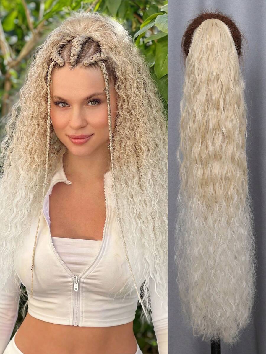 90cm Long Water Wavy Curly Drawstring Ponytail Extensions Ombre Blonde Black Brown Burg Long Fake Pony Tail Natural Soft Clip In Hairtail Extension Synthetic Heat Resistant Ponytail Hairpiece For Women Daily Wear ﻿1pc - Multicolor - View 1