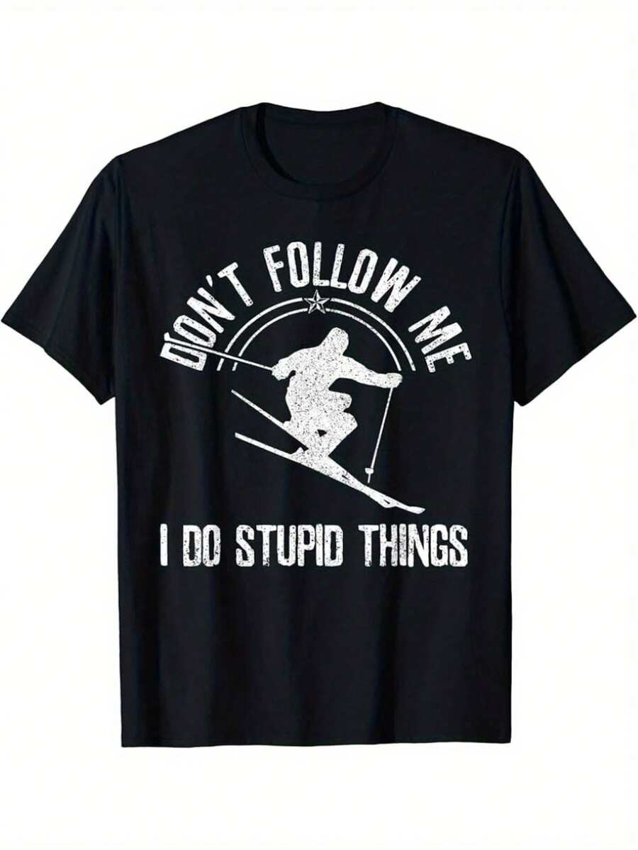 Camicia grafica da sci casual per uomo - "Non seguirmi. Faccio cose stupide"; design umoristico. Maniche corte. Nero con stampa bianca. Collo tondo. Lavabile in lavatrice. Per l'estate. Camicia con grafica umoristica. Camicia con grafica giocosa. Camicia con vestibilità comoda. - nero - Visualizzare 1