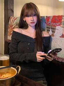 [Y6Y] 女士优雅露肩针织毛衣，长袖修身百搭套头衫