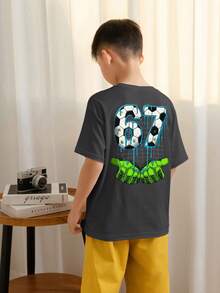 Boys & Teens Casual Printed Crew Neck Short Sleeve T-Shirt, Summer Top - Dark Grey - View 2