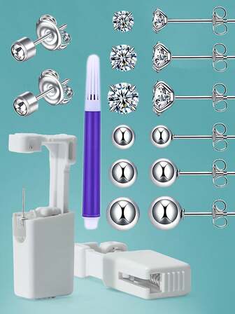8 piezas Kit de perforación de orejas - 1 pieza Unidad de perforación de orejas desechable y estéril + 4 piezas Pendientes de repuesto de acero inoxidable para hombres y mujeres para perforaciones de cartílago, hélix y trago