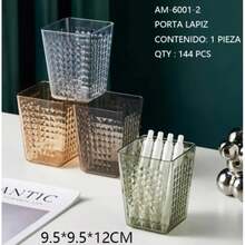 Soporte para Bolígrafos de Diseño Geométrico - 9.5x9.5x12cm - Organizador de Escritorio de Oficina - Multicolor - Ver 1