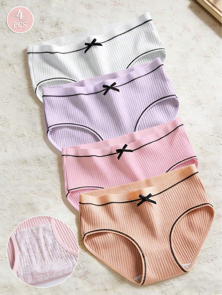 Set de 4 piezas/paquete de bragas triangulares sin costuras de algodón acanalado con cobertura total para niñas - Multicolor - Ver 1