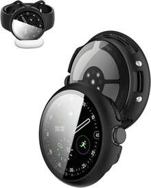 para Google Pixel Watch 4 45mm Funda Protectora de PC Duro con Protector de Pantalla de Vidrio Templado, Carga Amigable con la Funda -Negro - Blanco - Ver 1