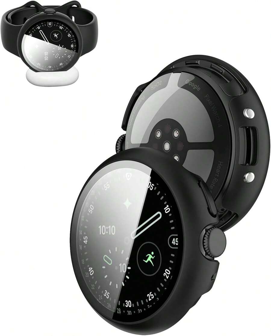para Google Pixel Watch 4 45mm Funda Protectora de PC Duro con Protector de Pantalla de Vidrio Templado, Carga Amigable con la Funda -Negro - Blanco - Ver 1
