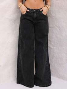 Plain Black Wide Leg Jeans, High Waist, Wide Cut, Modern Style, Women's Fashion. - 黑色 - 查看 1