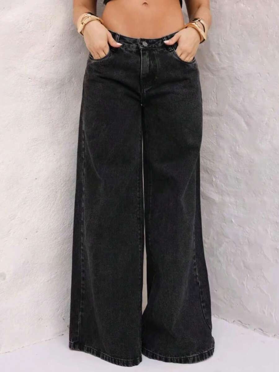 Plain Black Wide Leg Jeans, High Waist, Wide Cut, Modern Style, Women's Fashion. - 黑色 - 查看 1