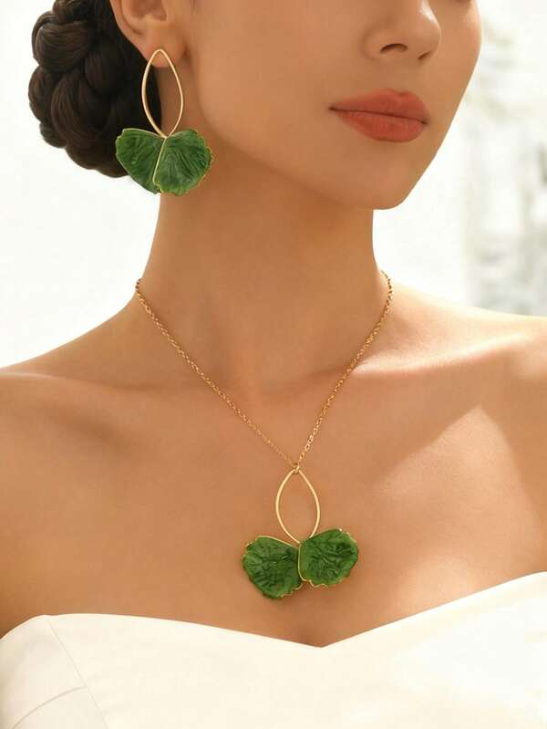 1 Set vielseitiger Blatt-Emaille-Farbverlauf Anhänger Halskette & Ohrringe Set, lässiger Schmuckset für Frauen