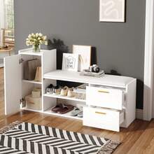 128*30*68cm Shoe Cabinet/Shoe Rack With 2 Drawers, 1 Cabinet, High-Gloss Shoe Bench/Bench With Upholstery And Storage Space, Suitable For Living Room, Hallway, Office, White - 白色 - 查看 3