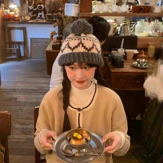 1 Stück süßer flauschiger Bommelmütze, modisches dickes und warmes Winter-Accessoire für Frauen