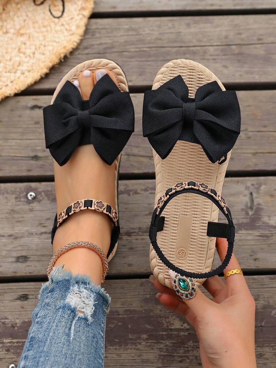 新款波西米亚蝴蝶结设计时尚百搭可爱一双波西米亚风白色/粉色青少年新款波西米亚凉鞋，2026年夏季新款 - 米色 - 查看 1