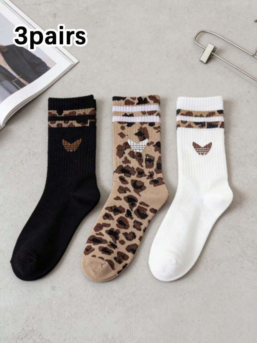 3双装女士豹纹条纹中筒袜，时尚经典，舒适柔软透气，适合日常穿着，四季皆宜。 - 彩色 - 查看 1