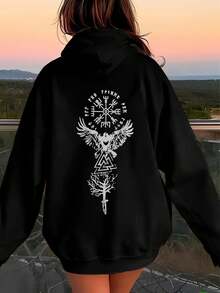 Sudadera con capucha de mitología nórdica inspirada en vikingos para mujeres - Suéter negro con patrón nórdico, impresión de barco vikingo yótem de runas, capucha con cordón ajustable, suéter casual de manga larga, bolsillo delantero, adecuada para uso casual y eventos temáticos, estilo cómodo para todas las estaciones, material suave, entusiastas de (sin ajuste de dobladillo de cinturón), sudadera con capucha para mujeres adecuada para el viaje diario, salidas casuales, versátil para el hogar, caminar al aire libre simple y sin complicaciones, estilo de nicho moderno, primera opción para parejas - Especificación - Ver 1