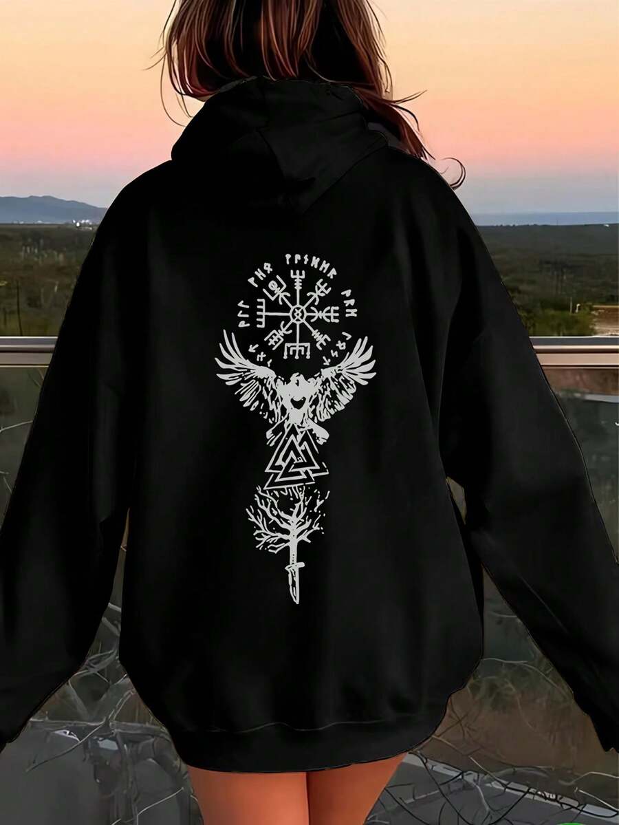 Sudadera con capucha de mitología nórdica inspirada en vikingos para mujeres - Suéter negro con patrón nórdico, impresión de barco vikingo yótem de runas, capucha con cordón ajustable, suéter casual de manga larga, bolsillo delantero, adecuada para uso casual y eventos temáticos, estilo cómodo para todas las estaciones, material suave, entusiastas de (sin ajuste de dobladillo de cinturón), sudadera con capucha para mujeres adecuada para el viaje diario, salidas casuales, versátil para el hogar, caminar al aire libre simple y sin complicaciones, estilo de nicho moderno, primera opción para parejas - Especificación - Ver 1