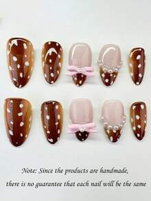 10片装可爱简约ins风手绘小鹿图案3D仿珍珠蝴蝶结美甲贴纸 美甲用品 手工按压式美甲贴 - 棕色 - 查看 1