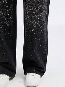 Wanduyini Women's Rhinestone Embellished Straight Leg Jeans, Shiny Denim Jeans, Washed Black - Wash Black - View 9