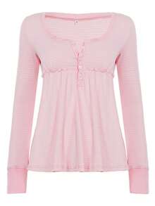Womens Knit Tops Fall Scoop Neck Long Sleeve Casual Striped Print Babydoll Shirts - 粉色 - 查看 1