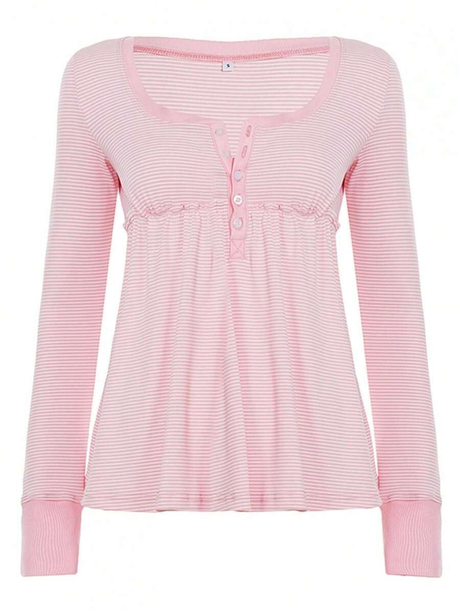 Womens Knit Tops Fall Scoop Neck Long Sleeve Casual Striped Print Babydoll Shirts - 粉色 - 查看 1